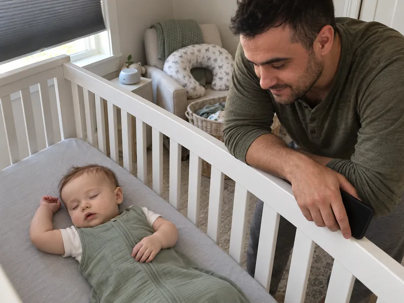 Mateo asleep in his crib in the afternoon, Daniel leaning on the rail with his phone.