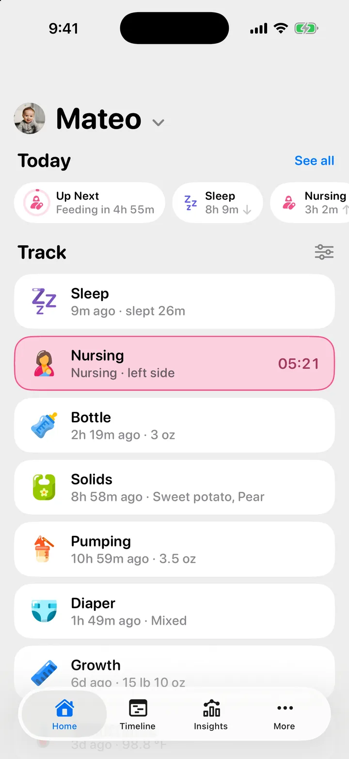 Cami's Home screen for Mateo with a nursing session running on the left side.