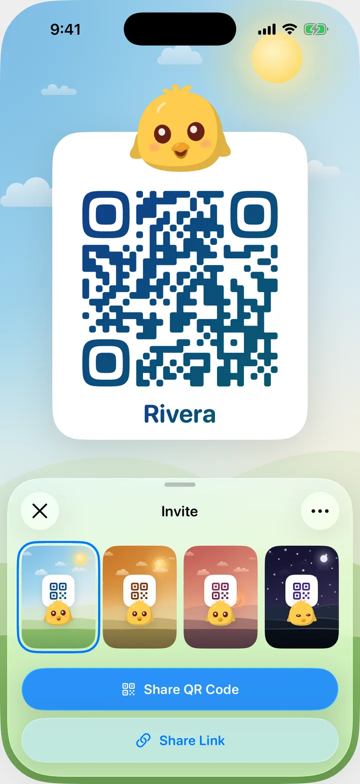 The Invite sheet: a QR code on a white card for the Rivera family, over a morning sky, with Share QR Code and Share Link buttons.