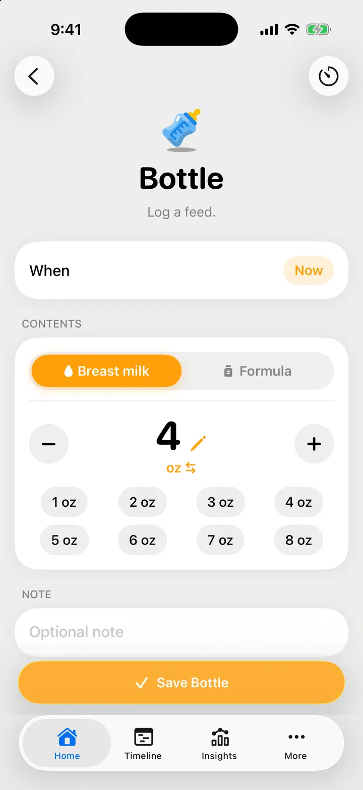 The bottle form: breast milk or formula, 4 oz on a stepper, and presets from 1 to 8 oz.