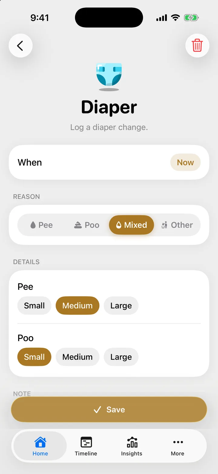 The diaper form with Mixed chosen: pee medium, poo small.