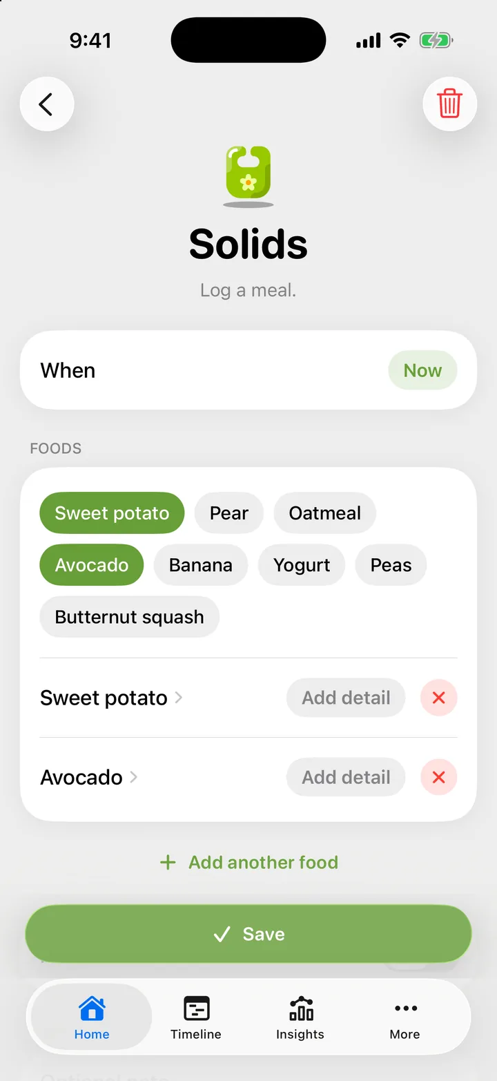 The solids form: recent foods as chips, with sweet potato and avocado picked for this meal.