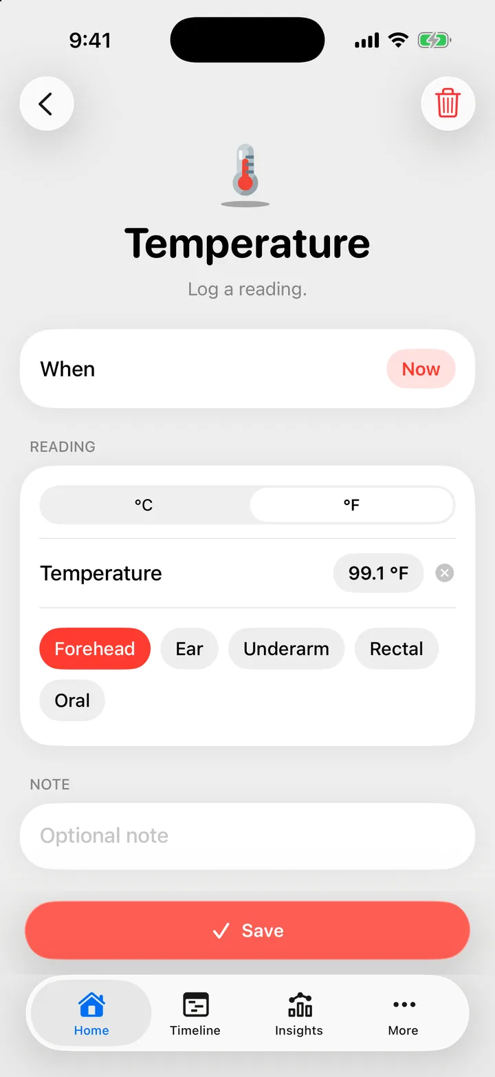 The temperature form: 99.1 °F, with forehead, ear, underarm, rectal and oral to choose from.
