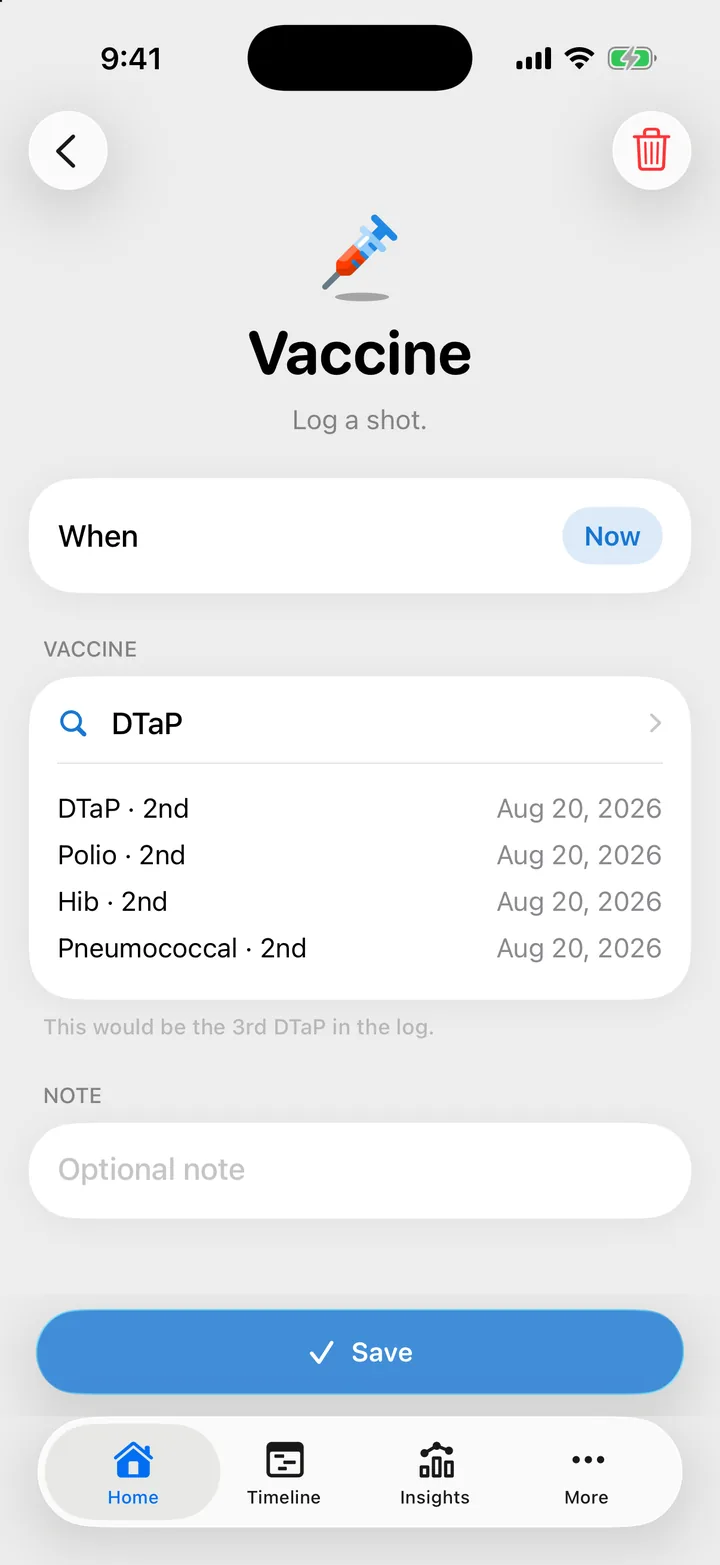 The vaccine form: DTaP typed in the search, the last doses of four vaccines below, and a note that this would be the third DTaP.