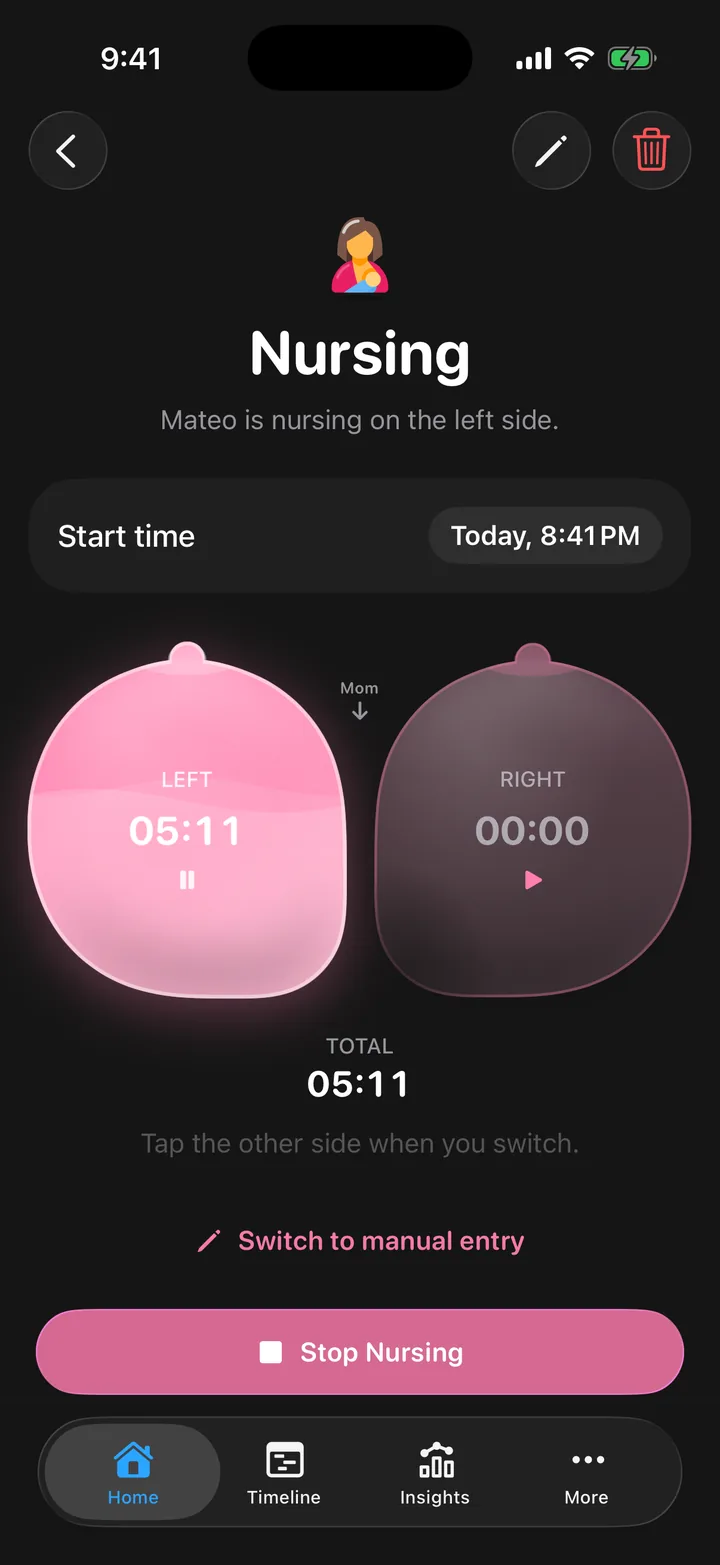 Cami’s nursing screen in dark mode: the left side counting at 4:16, the right side waiting, and “Tap the other side when you switch.”