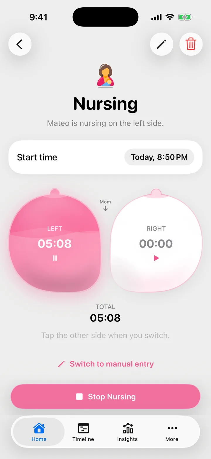 Cami's nursing timer running on the left side, with a pad for each side and the total underneath.