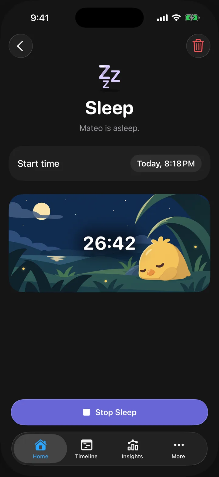 Cami’s sleep timer in dark mode: Cami the chick asleep in a moonlit meadow over a running clock, 26:58.