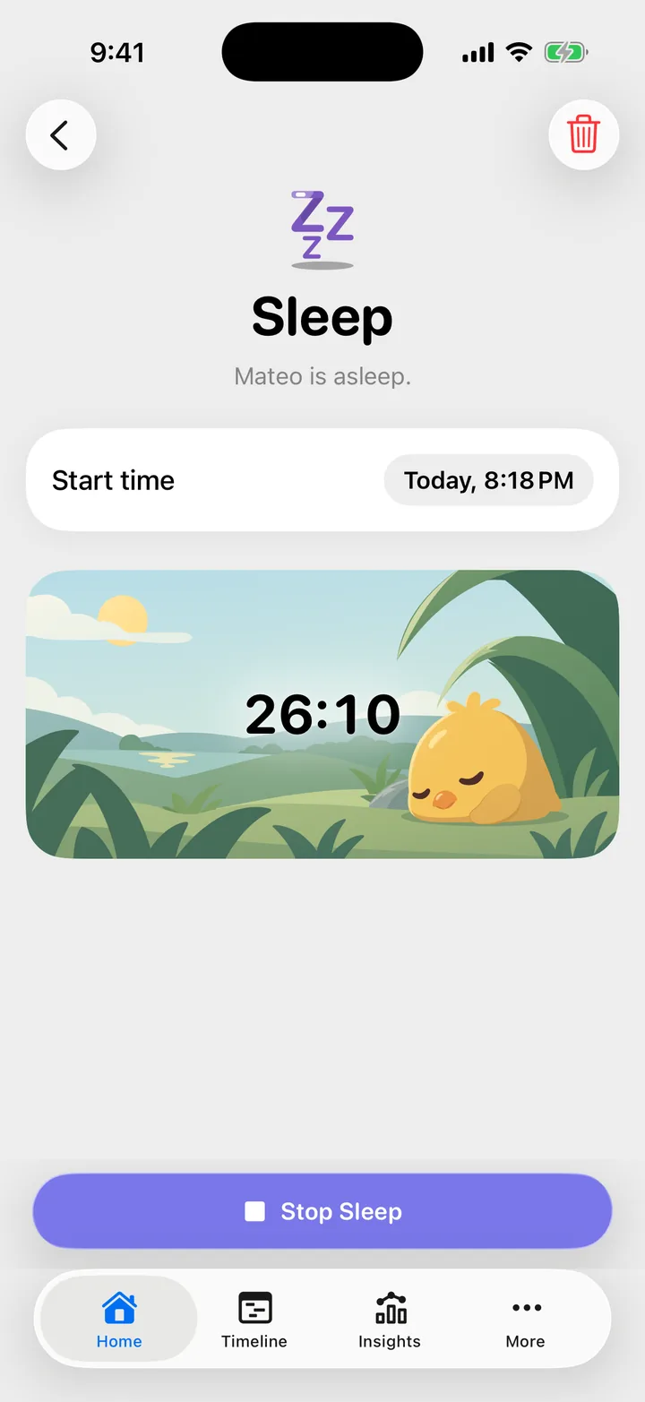 A sleep timer running at 26:10, with Cami asleep in the grass, and a Stop Sleep button.